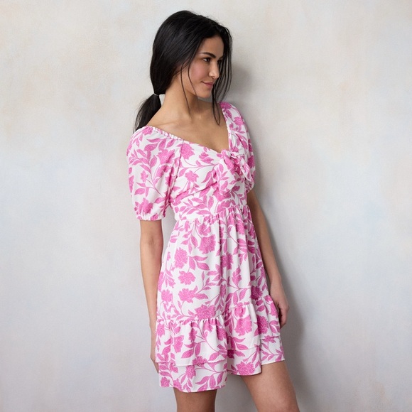 LC Lauren Conrad Short Puff Sleeve PinkFloral Mini Dress Tie Front Milkmade Sz M - Picture 2 of 9